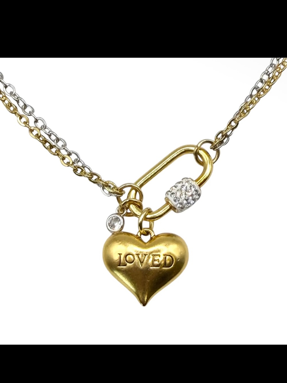 Gold Loved Heart and Crystal Carabiner Convertible Pendant Necklace